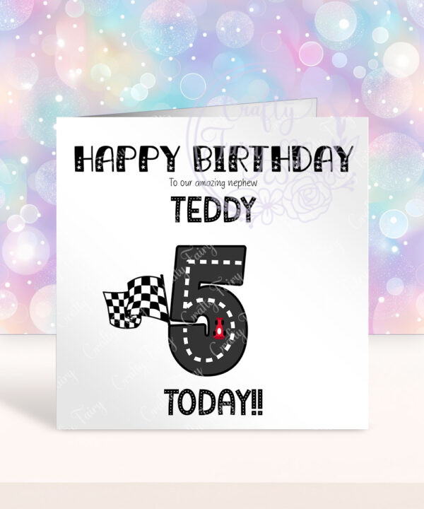 personalised motor racing road boy's birthday card