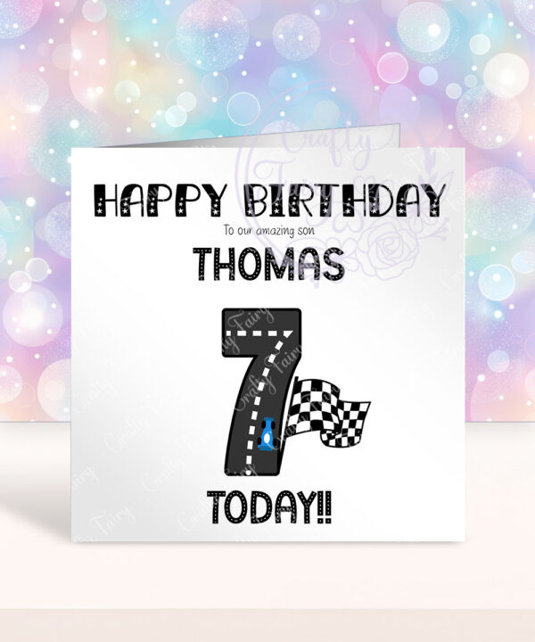 personalised motor racing road boy's birthday card