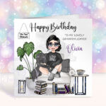 personalised female book lover reader in black on armchair birthday card