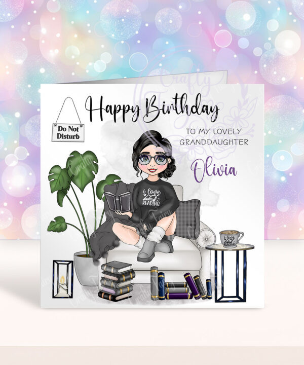 personalised female book lover reader in black on armchair birthday card