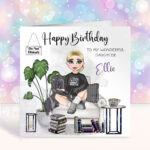 personalised female book lover reader in black on armchair birthday card