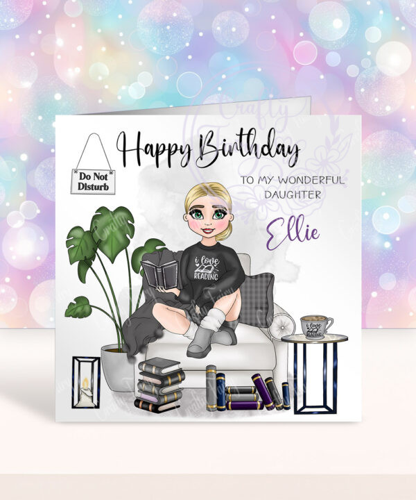personalised female book lover reader in black on armchair birthday card