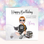 personalised female book lover reader in black birthday card