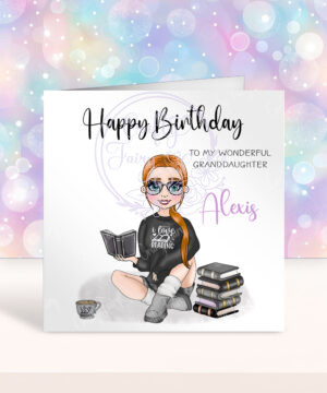personalised female book lover reader in black birthday card