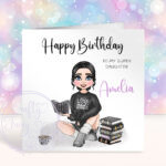 personalised female book lover reader in black birthday card