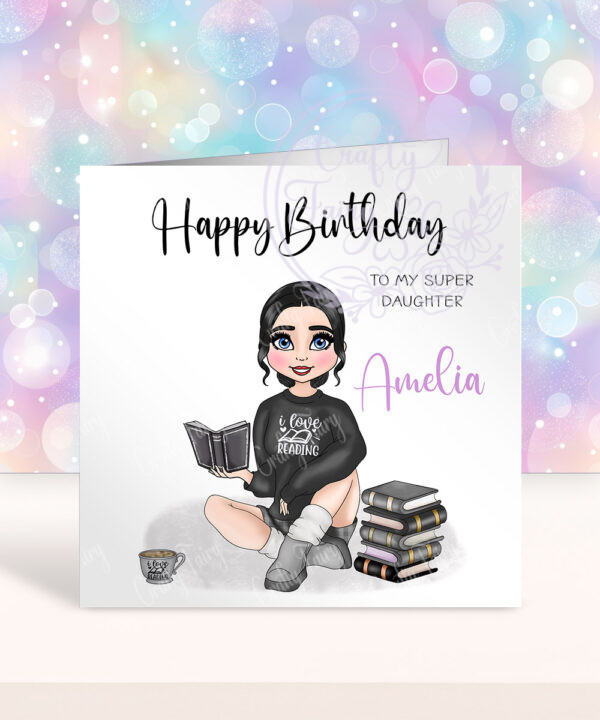 personalised female book lover reader in black birthday card