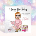 personalised female book lover reader in pink jumper birthday card