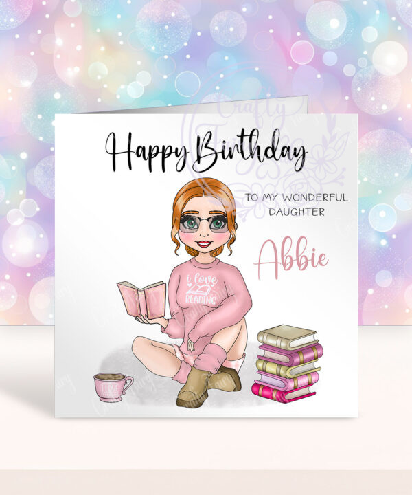 personalised female book lover reader in pink jumper birthday card