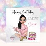 personalised female book lover reader in pink jumper birthday card