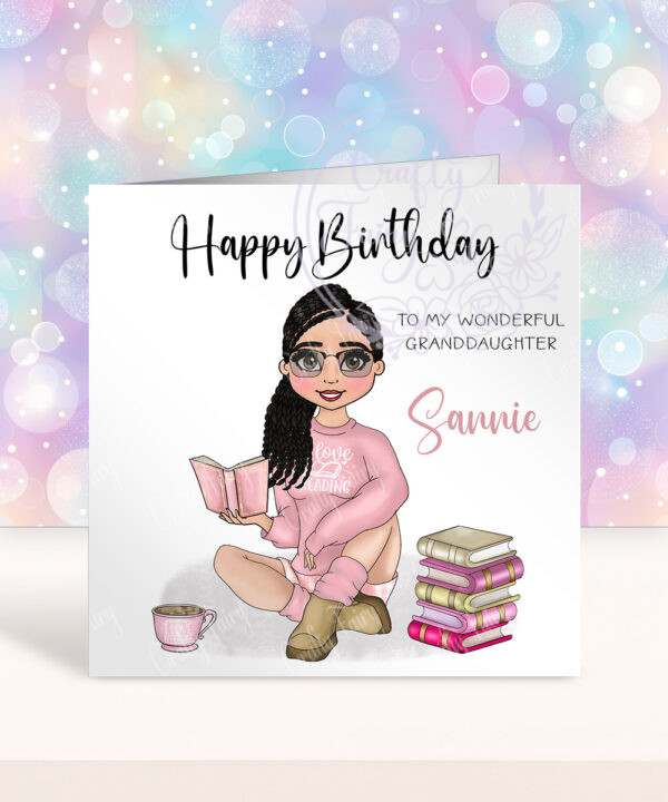 personalised female book lover reader in pink jumper birthday card