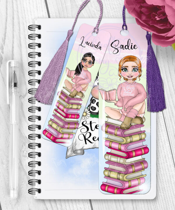personalised female book lover reader in pink jumper metal bookmark