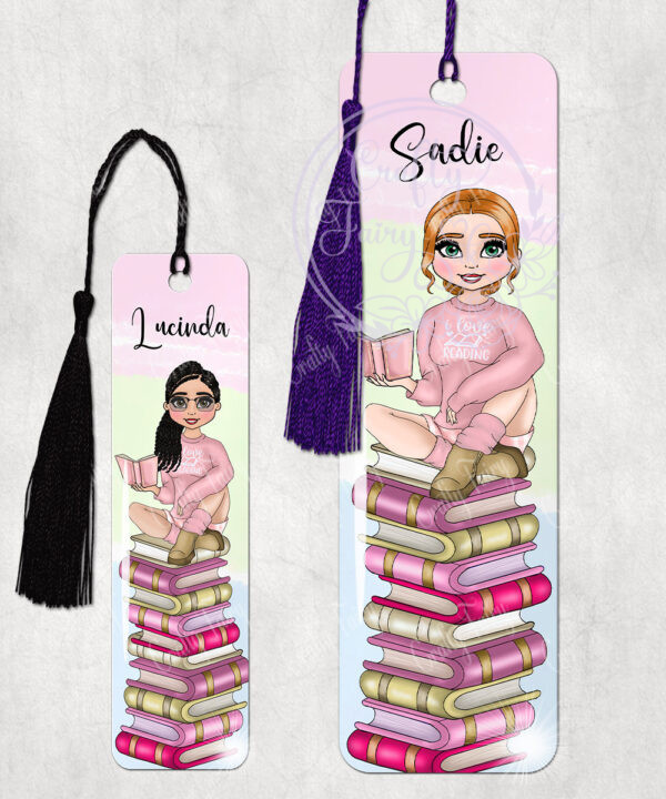 personalised female book lover reader in pink jumper metal bookmark