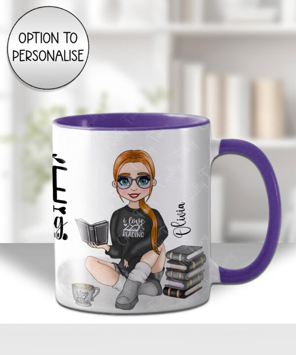 personalised female book lover reader in black jumper mug gift