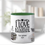 personalised female book lover reader in black jumper mug gift