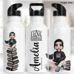 personalised female book lover reader in black jumper 600ml water bottle