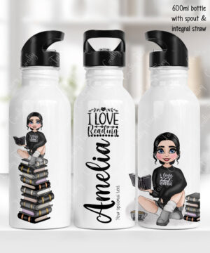 personalised female book lover reader in black jumper 600ml water bottle