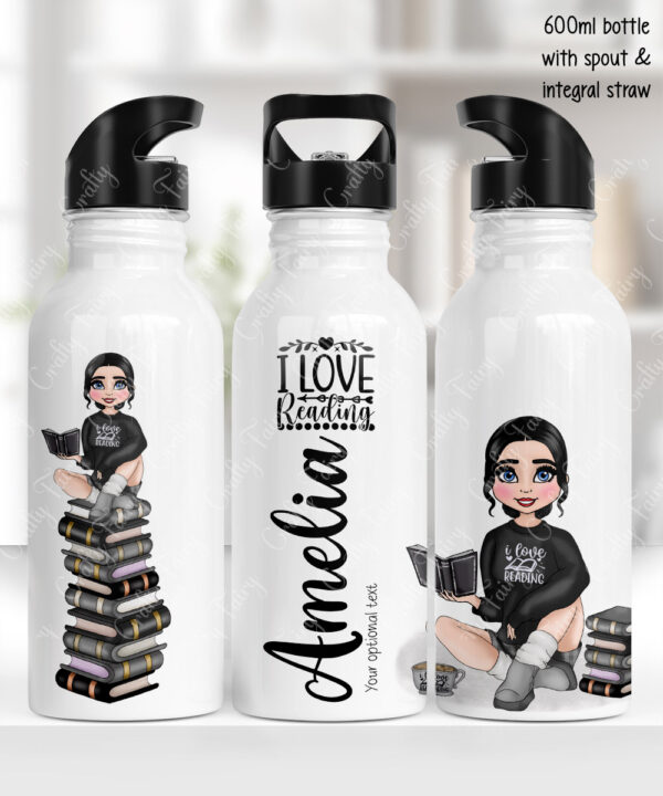 personalised female book lover reader in black jumper 600ml water bottle