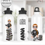 personalised female book lover reader in black jumper 600ml water bottle