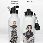 personalised female book lover reader in black jumper 600ml water bottle