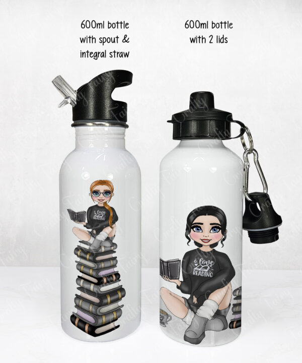 personalised female book lover reader in black jumper 600ml water bottle