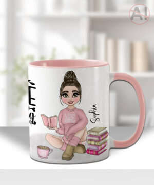 personalised female book lover reader in pink jumper mug gift