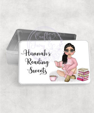 personalised female book lover reader in pink jumper medium rectangular tin
