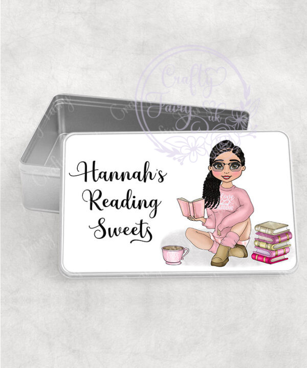 personalised female book lover reader in pink jumper medium rectangular tin