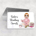 personalised female book lover reader in pink jumper medium rectangular tin