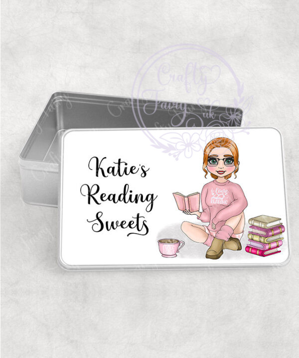 personalised female book lover reader in pink jumper medium rectangular tin