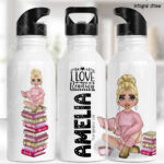 personalised female book lover reader in pink jumper 600ml water bottle