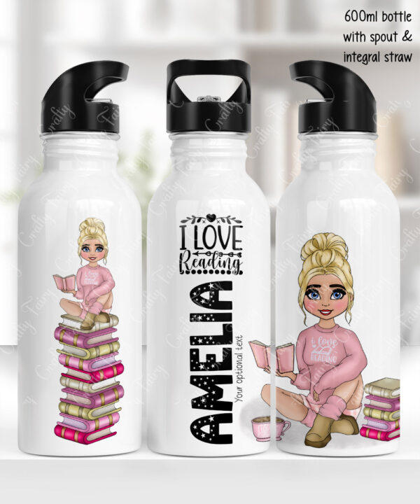 personalised female book lover reader in pink jumper 600ml water bottle