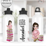 personalised female book lover reader in pink jumper 600ml water bottle