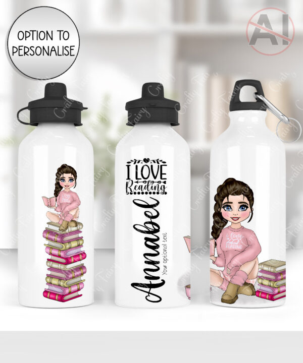 personalised female book lover reader in pink jumper 600ml water bottle