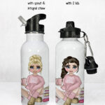 personalised female book lover reader in pink jumper 600ml water bottle