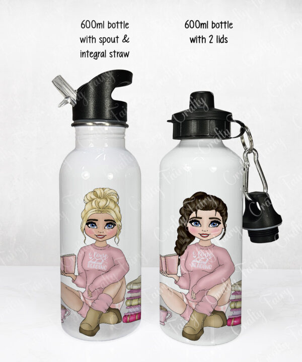 personalised female book lover reader in pink jumper 600ml water bottle