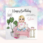 personalised young girl book lover reader in pink on armchair birthday card