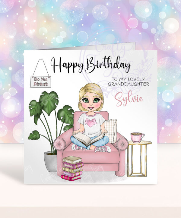 personalised young girl book lover reader in pink on armchair birthday card