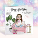 personalised young girl book lover reader in pink on armchair birthday card