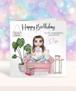 personalised young girl book lover reader in pink on armchair birthday card