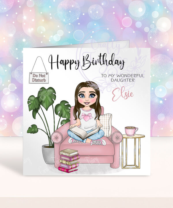 personalised young girl book lover reader in pink on armchair birthday card