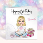 personalised young girl book lover reader in pink birthday card