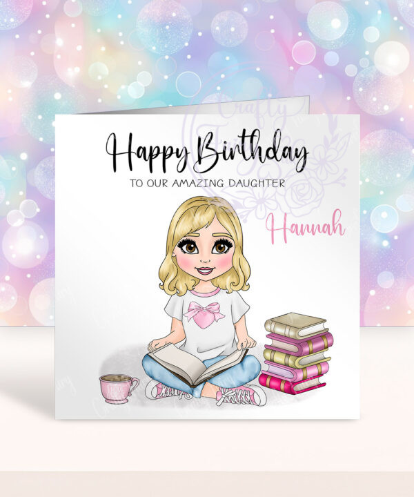 personalised young girl book lover reader in pink birthday card