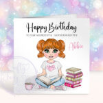 personalised young girl book lover reader in pink birthday card