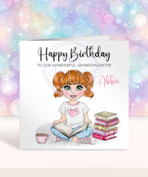 personalised young girl book lover reader in pink birthday card