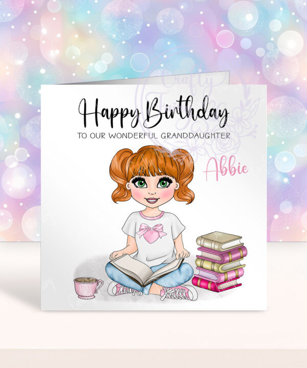 personalised young girl book lover reader in pink birthday card