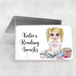 personalised young girl book lover reader in pink medium rectangular tin
