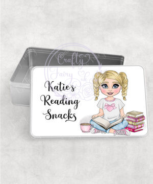 personalised young girl book lover reader in pink medium rectangular tin