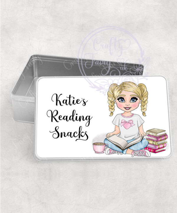 personalised young girl book lover reader in pink medium rectangular tin
