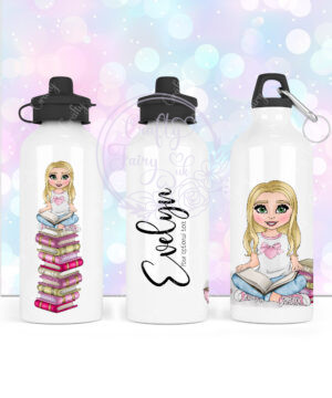 personalised young girl book lover reader in pink 600ml water bottle