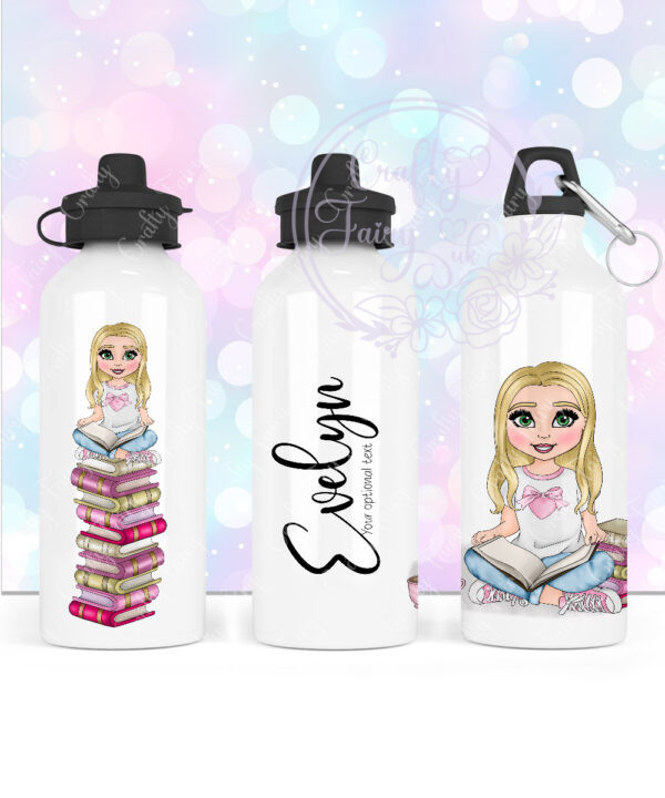 personalised young girl book lover reader in pink 600ml water bottle